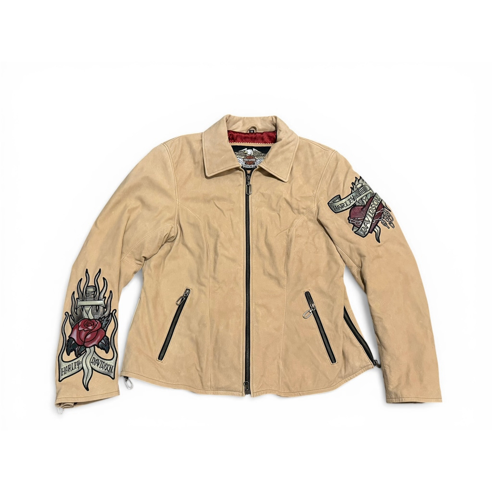 Harley-Davidson Women's Tan Suede Jacket 1W Biker Moto Embroidery - Picture 3 of 12